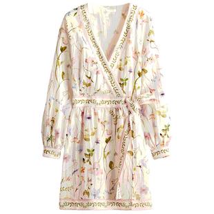 HM女装花卉连衣裙冬季V领收腰围裹式慵懒法式裙1265585