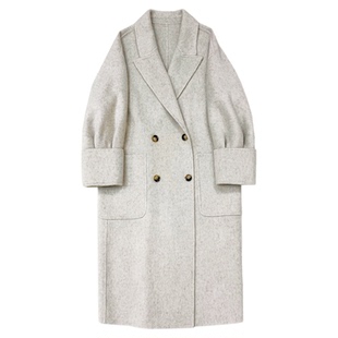燕麦色双面羊绒大衣女2025秋冬新款韩版宽松中长款拱针羊毛呢外套