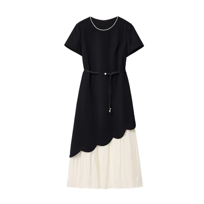 蓝语法式a字收腰假两件连衣裙