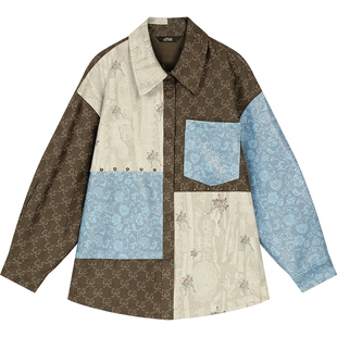 妖精的口袋复古暗纹印花衬衫外套女2026年早春新款拼接设计老钱风