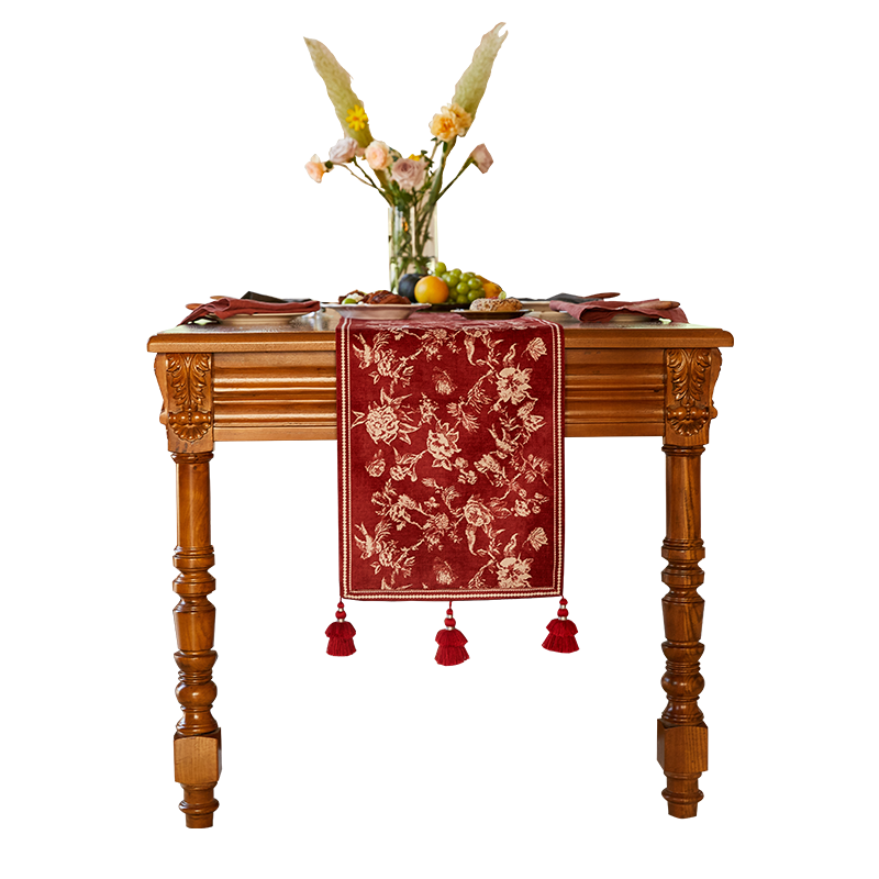 蜡笔派繁花似锦桌旗新中式轻奢餐桌盖布长条红色喜庆新婚茶几茶旗
