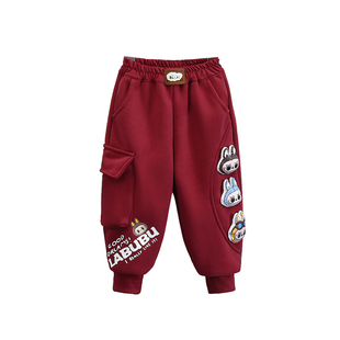 女童加绒拉布布裤子秋冬款儿童一体绒休闲裤男宝冬季运动薄绒卫裤