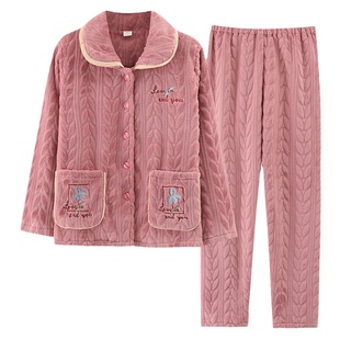 浪莎珊瑚绒睡衣女款冬季加绒加厚秋冬女士妈妈宽松保暖家居服套装
