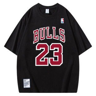 t恤公牛队23号球衣美式复古篮球服运动男黑色短袖罗德曼纯棉衣服