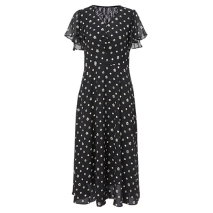 马天奴2025秋冬新款黑白印花连衣裙子V领荷叶袖收腰气质法式女装