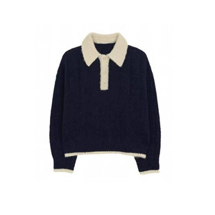 骄阳似我赵今麦聂曦光同款藏蓝色软糯浣熊绒毛衣polo领拼色针织衫