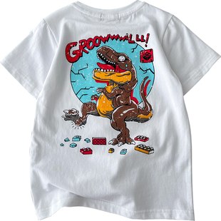 卡通恐龙印花体恤~夏季男童短袖T恤衫中大童圆领半袖上衣纯棉汗衫