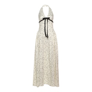 WEIRD PUSS 归国千金蝴蝶结波点挂脖连衣裙女 设计感收腰显瘦长裙