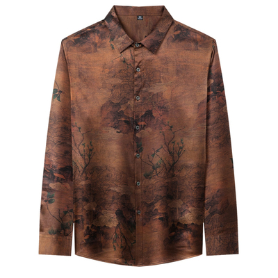 春竹世家男士长袖衬衫高端品牌重磅真丝香云纱休闲印花桑蚕丝衬衣