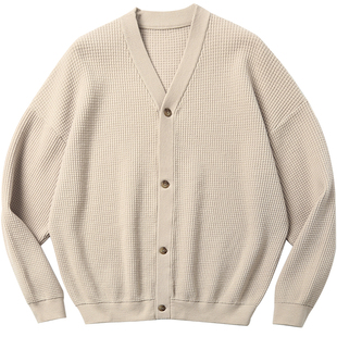 KUYIOU/重磅丝光羊毛华夫格肌理宽松简约落肩横机针织开衫男