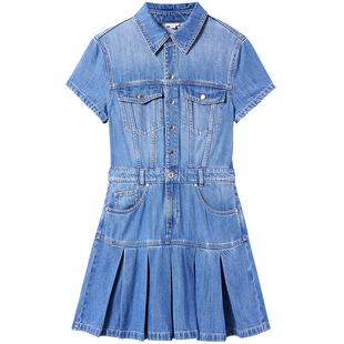 Miss Sixty牛仔连身连衣裙含莱赛尔百褶单排扣复古A字裙休闲