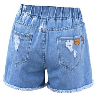 牛仔短裤女夏薄款松紧腰2025韩版新款高腰阔腿裤破洞直筒百搭显瘦