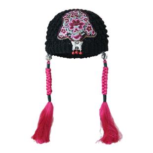 刺绣花针织帽子女毛线帽发带宽边秋冬保暖空顶头巾头套帽流苏抹额