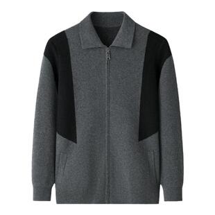 双提厚拼色高端商务男T恤~100山羊绒拉链开衫宽松中老年外套毛衣