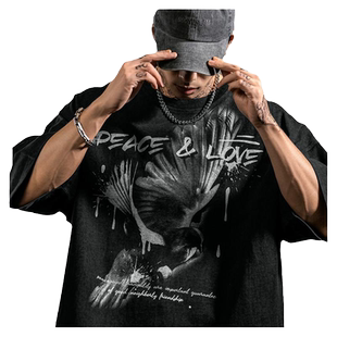 鹿家门夏季新款和平鸽短袖T恤男大码宽松运动休闲上衣男健身衣服