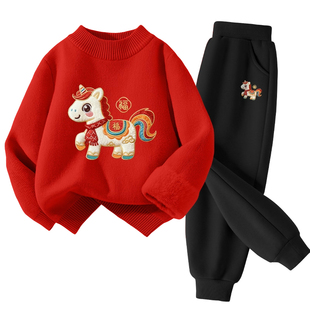 真维斯童装男童红色套装男大童秋冬款加绒毛衣儿童冬季新年针织衫