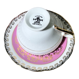 西洋古董 suthlrland 萨瑟兰德 粉金蕾丝阔口 杯中花骨瓷咖啡杯碟