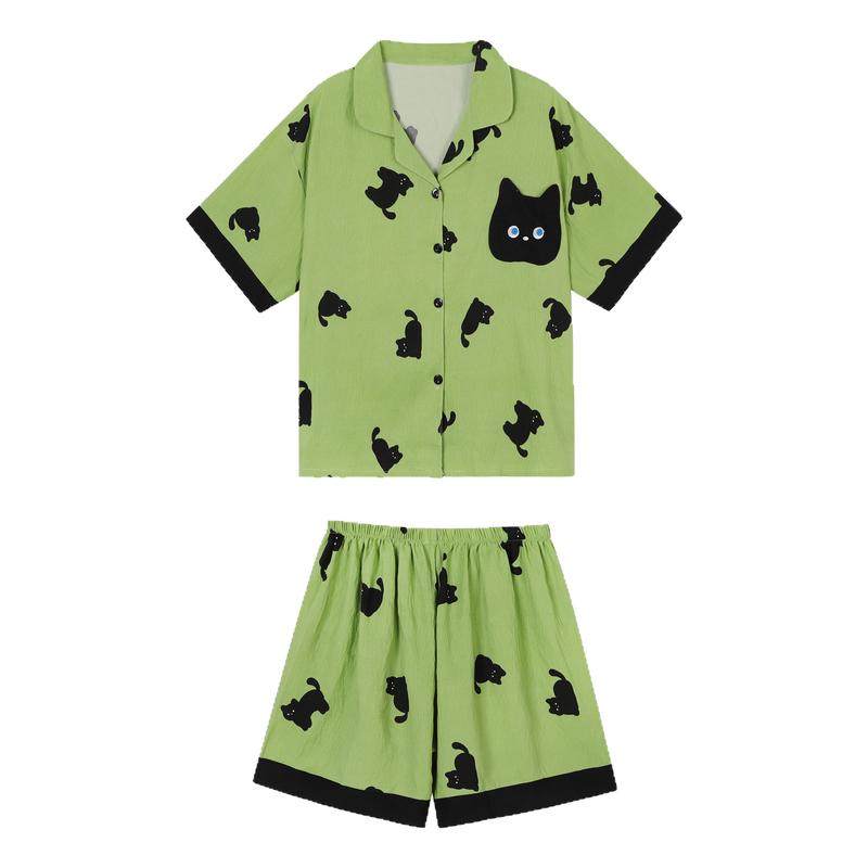 馨帮帮Homedress 猫咪翻领短袖睡衣女2025夏季舒适透气家居服套装