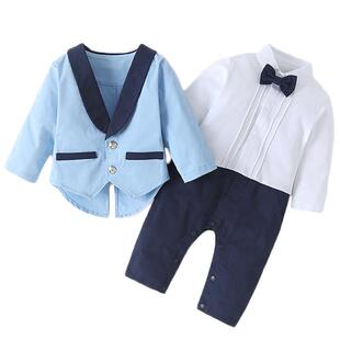绅士男宝宝小礼服婴儿春装哈衣纯棉连体衣服百天拍照周岁西装婚礼