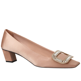 rv方扣 巴黎晚宴~丝绸缎水钻方扣浅口中跟方头单鞋女婚鞋粗跟