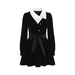 Palglg法式富家千金风黑色丝绒连衣裙女冬季赫本风收腰大摆a字裙