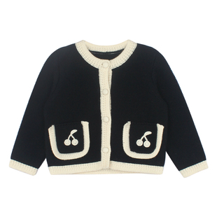 大耳象女童撞色边樱桃毛衣开衫2026春季新款宝儿圆领针织衫上衣