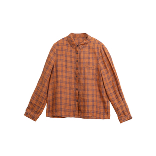 忘城H1286座/秋季新款14支色织亚麻格子翻领长袖衬衫女减龄洋气