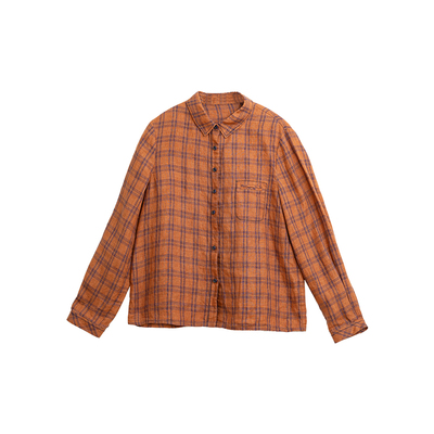 忘城H1286座/秋季新款14支色织亚麻格子翻领长袖衬衫女减龄洋气