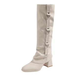 两穿可拆卸法式皮面瘦瘦长靴子粗跟裤管靴女秋冬季新款高跟高筒靴