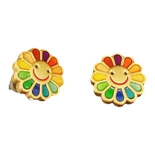 七彩笑脸太阳花耳钉 女纯银镀黄金色彩虹向日葵雏菊趣玩耳环少女