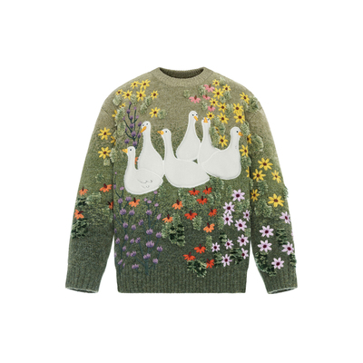山谷少年小鹅贴布绣植物刺绣毛衣