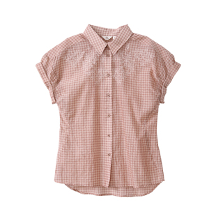 布符夏季新品橘格丝棉短袖刺绣衬衫复古格纹休闲时尚女装