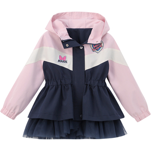 女童外套2026春装新款洋气女孩网纱拼接连帽冲锋衣儿童中长款风衣