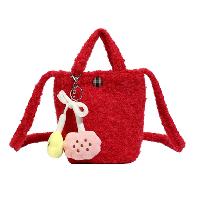 日韩毛绒水桶包女红色单肩斜挎包