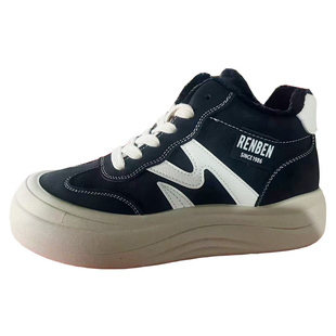 人本加绒厚底棉鞋女2025秋冬新款皮面保暖休闲女鞋轻便增高运动鞋