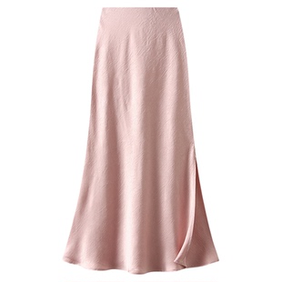 D9909 暗纹珠光缎面鱼尾半身裙春秋女2025新款开叉垂仿醋酸长裙