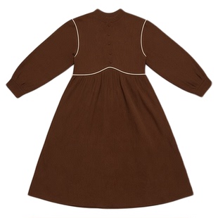 女童秋冬新款宽松撞色灯笼长袖连衣裙森系灯芯绒甜美文艺范中长裙