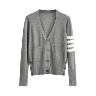 王心凌同款四条杠学院撞色开衫毛衣外套女秋季修身v领长袖针织衫