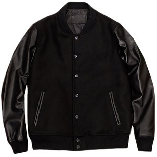 日系头层绵羊皮真皮皮衣羊毛呢皮袖棒球服短款皮夹克外套男女通穿