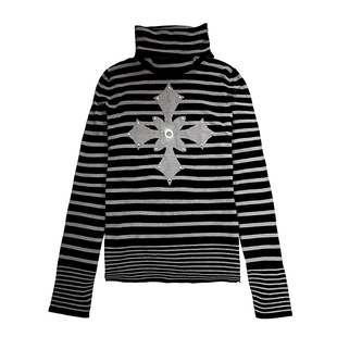 亚文化条纹高领长袖女春季十字架铆钉修身显瘦针织打底衫y2k上衣