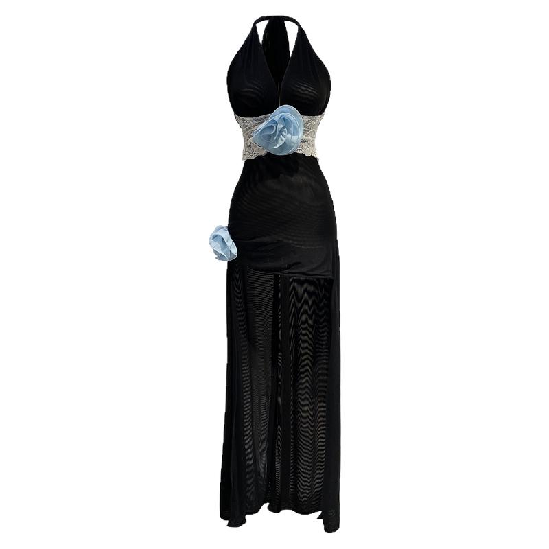 bear熊熊屋【曼谷女明星】私服用料2.5米挂脖深V花朵蕾丝连衣裙女