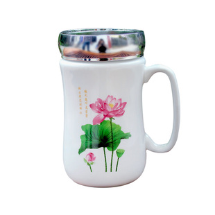陶瓷杯带盖勺咖啡杯莲花水杯女士荷花马克杯拧盖保险公司定制logo