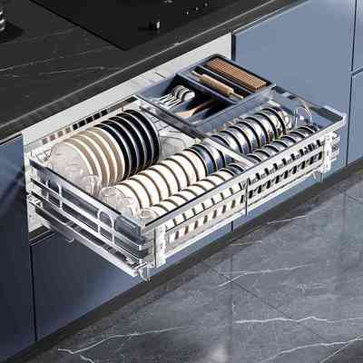 四季沐歌拉篮厨房橱柜304不锈钢单层抽屉式碗柜碗碟收纳碟架碗篮