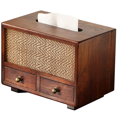 异丽中古风实木藤编抽屉纸巾盒