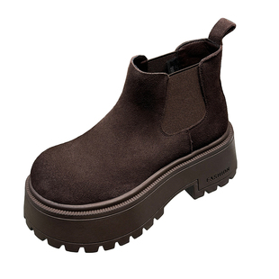 山山真皮增高厚底大头短靴女2025秋冬新款反绒皮套筒一脚蹬马丁靴