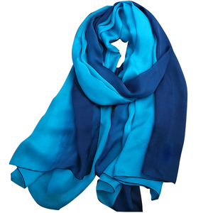 蓝色渐变色桑蚕丝真丝丝巾长款围巾女披肩纱巾薄款春秋冬夏季百搭