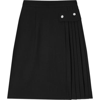 爱居兔春季新品侧边压褶高腰显瘦黑色百褶裙半身裙