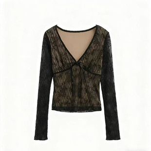 复古设计感V领蝴蝶结蕾丝衫T恤女辣妹秋冬修身收腰显瘦打底小上衣