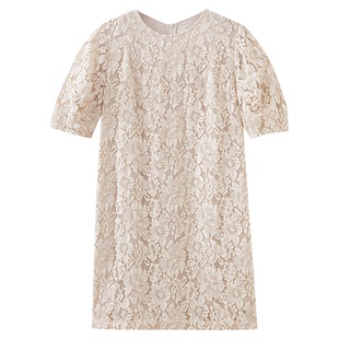 水云间杏色蕾丝钩花连衣裙女H型刺绣镂空裙子优雅端庄气质2025夏