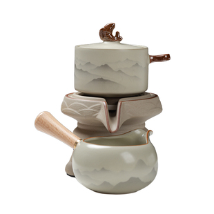 米黄汝窑自动茶具套装轻奢新款家用懒人泡茶神器石磨功夫泡茶茶杯